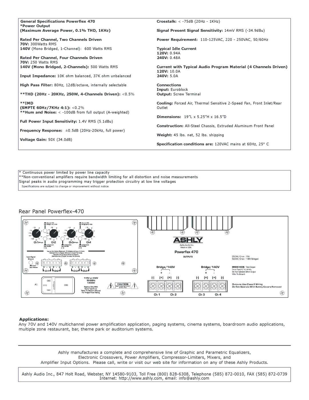 Ashly specifications Rear Panel Powerflex-470, Applications, Imd 