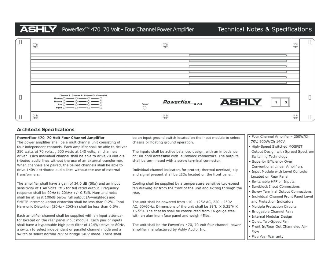 Ashly specifications Powerflex-47070 Volt Four Channel Amplifier, Technical Notes & Specifications 