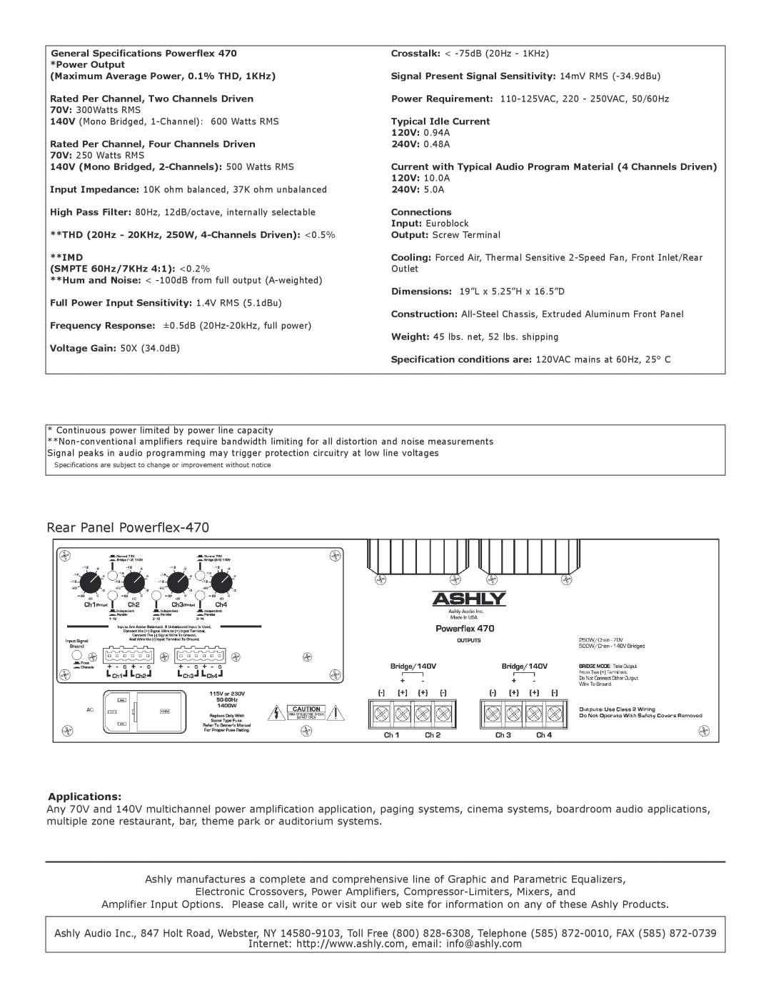 Ashly specifications Applications, Rear Panel Powerflex-470 