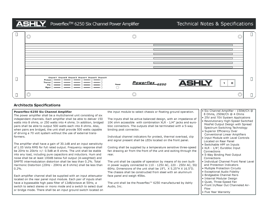 Ashly specifications Technical Notes & Specifications, Architects Speciﬁcations, Powerflex-6250 Six Channel Amplifier 