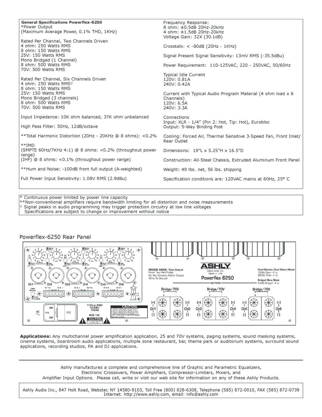 Ashly specifications Powerflex-6250 Rear Panel, Frequency Response, Imd, Rear Outlet 