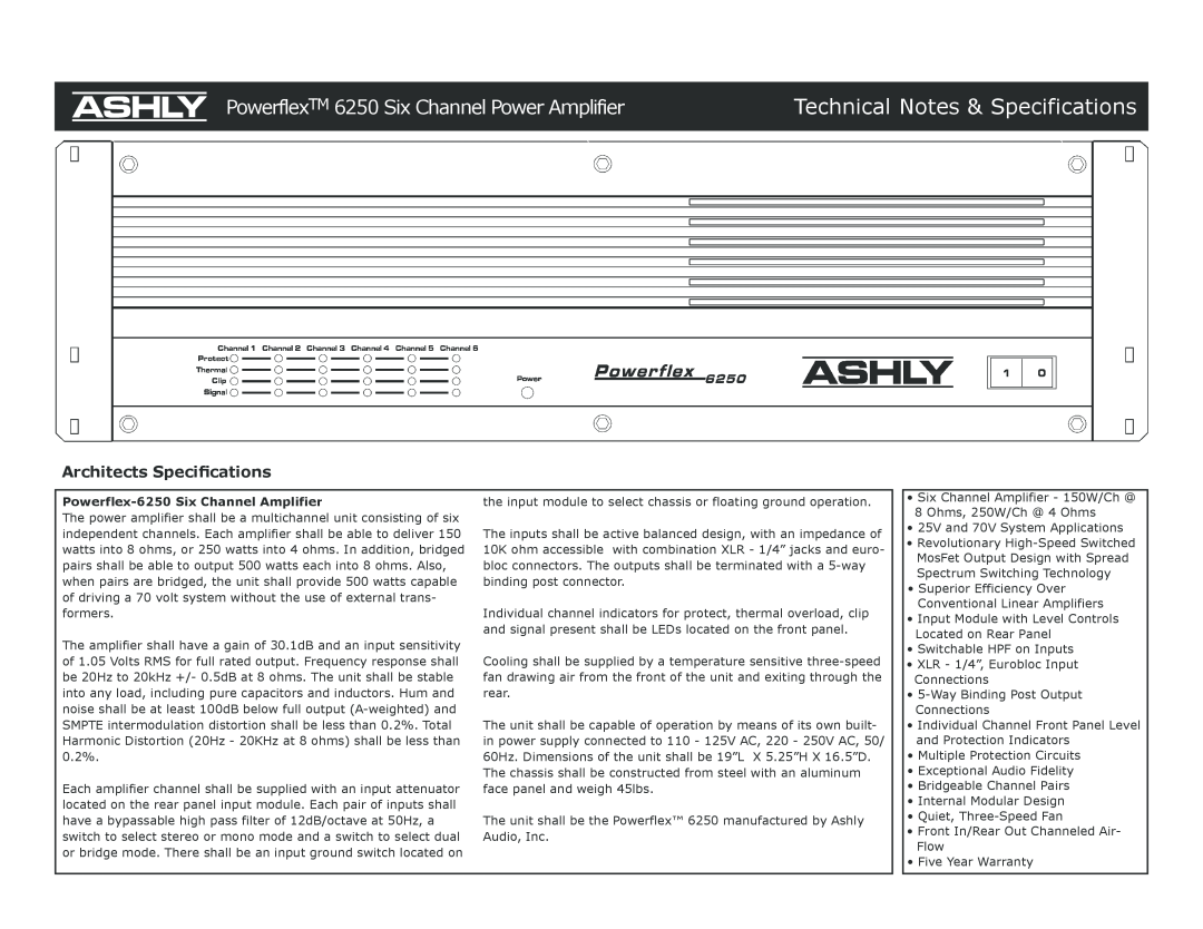 Ashly specifications Technical Notes & Specifications, PowerflexTM 6250 Six Channel Power Amplifier 
