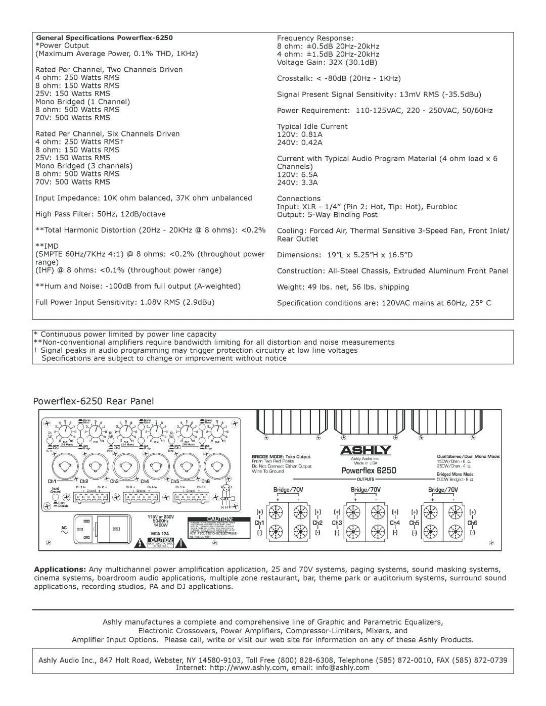 Ashly specifications Powerflex-6250Rear Panel 