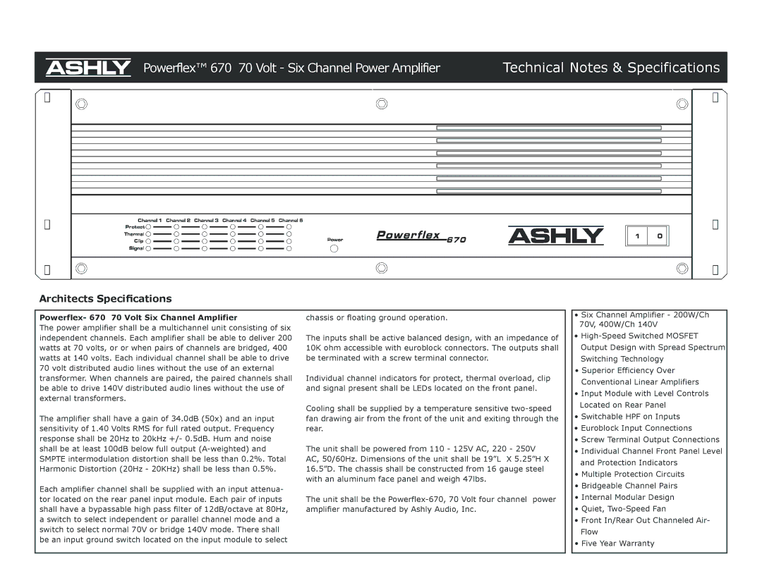 Ashly 670 specifications Technical Notes & Specifications, Architects Speciﬁcations 