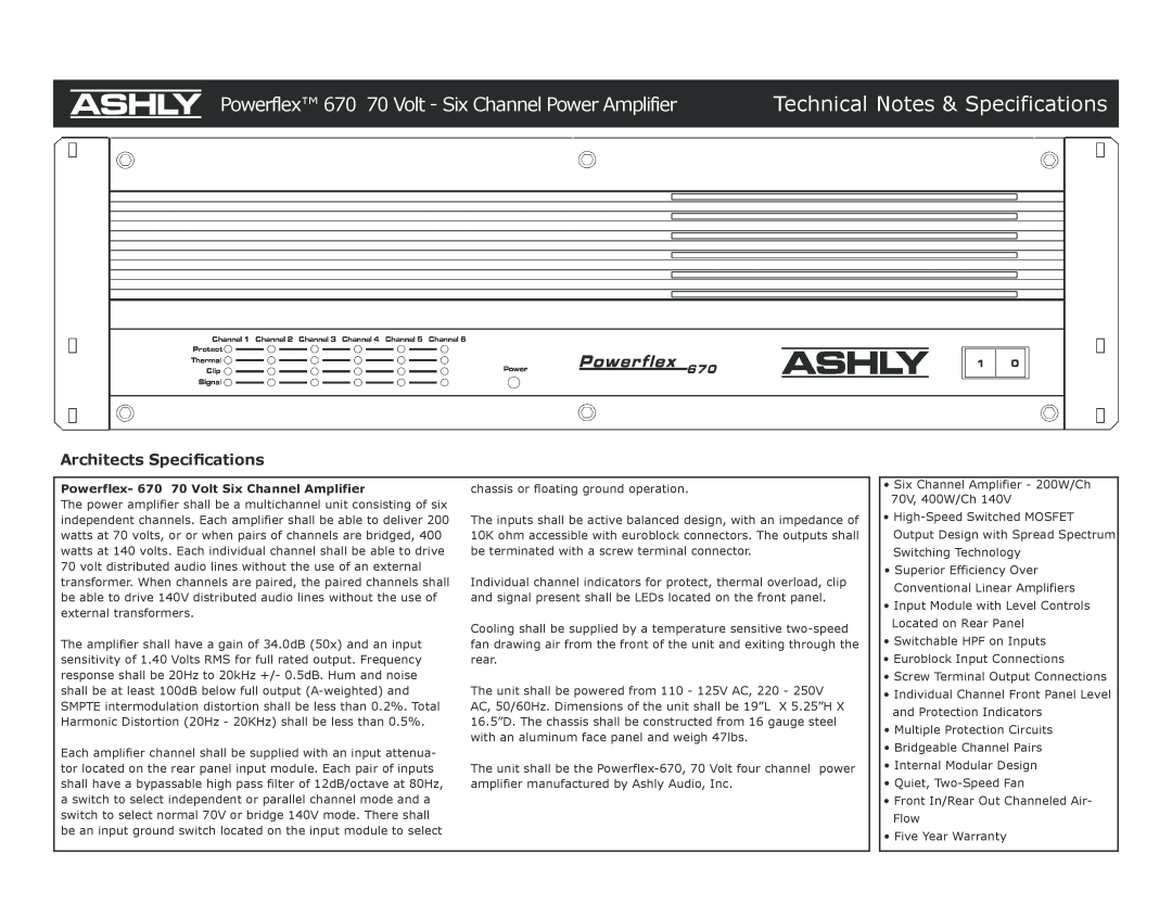 Ashly 670 specifications Architects Speciﬁcations, Technical Notes & Specifications 
