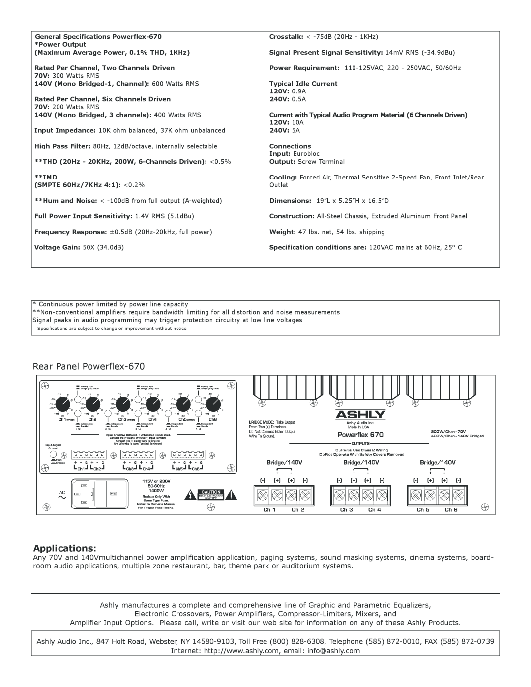 Ashly specifications Applications, Rear Panel Powerflex-670 