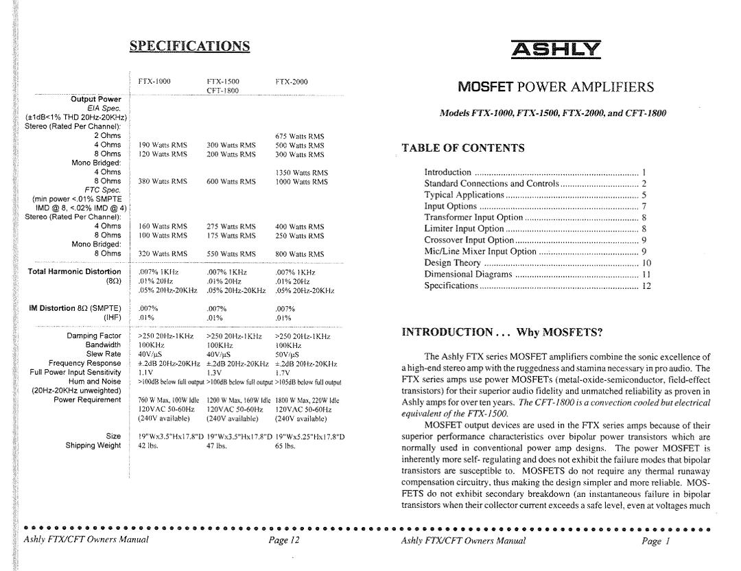 Ashly FTX-SERIES, CFT-SERIES manual 