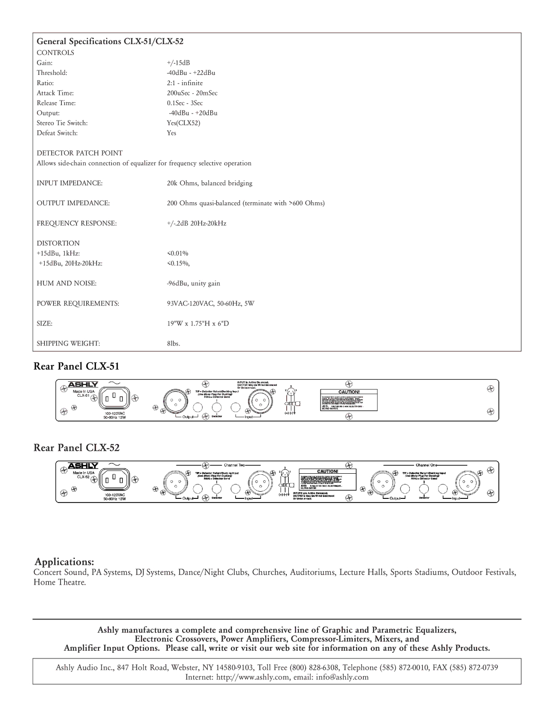 Ashly specifications Rear Panel CLX-51 Rear Panel CLX-52 Applications, General Specifications CLX-51/CLX-52 