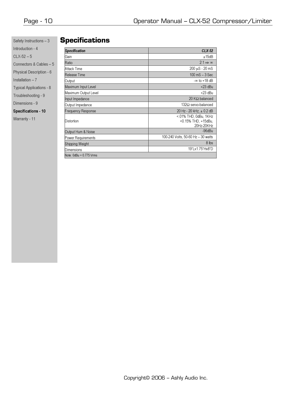 Ashly CLX-52 manual Specifications 