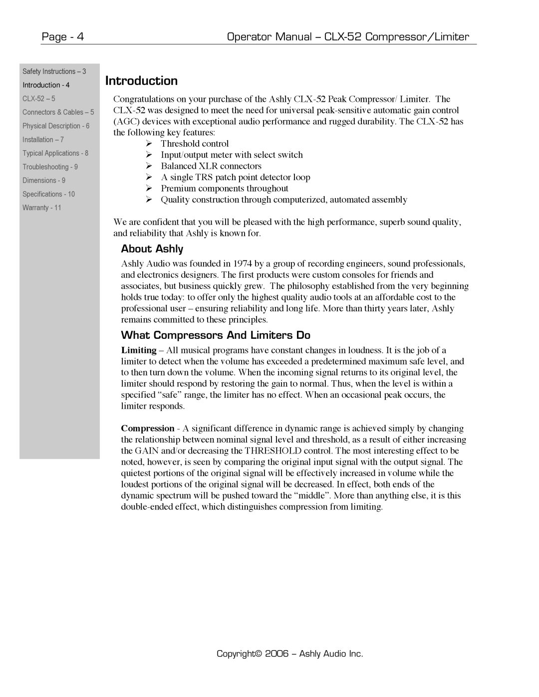 Ashly CLX-52 manual About Ashly, What Compressors And Limiters Do, Introduction 