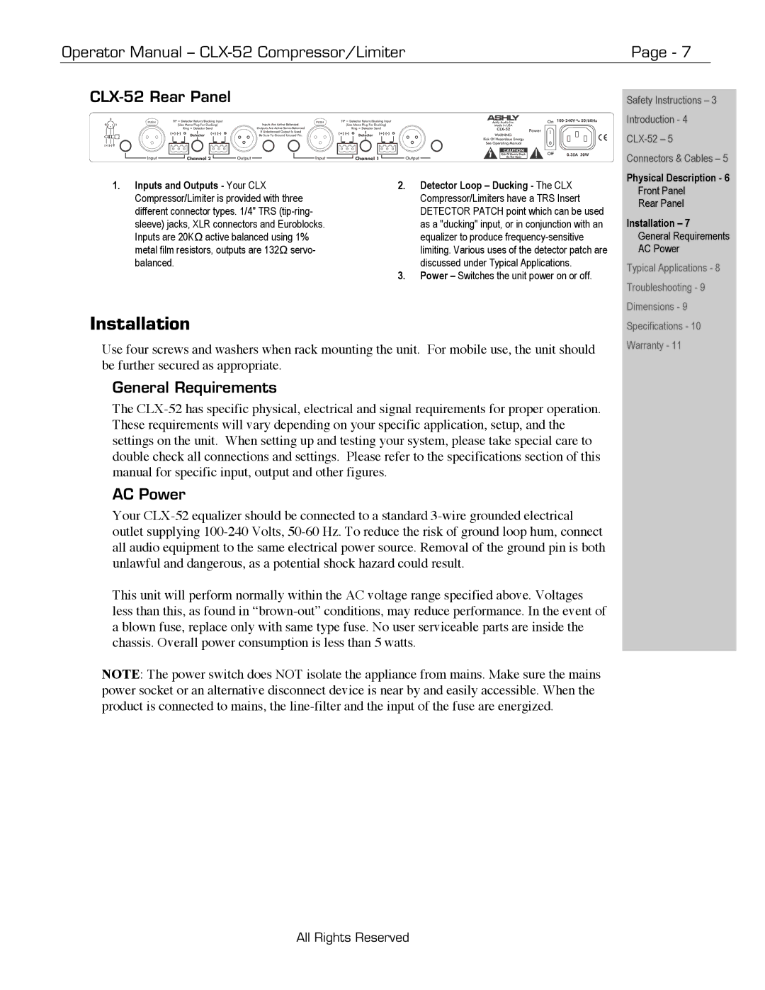 Ashly manual Installation, Operator Manual CLX-52 Compressor/Limiter CLX-52 Rear Panel, General Requirements, AC Power 