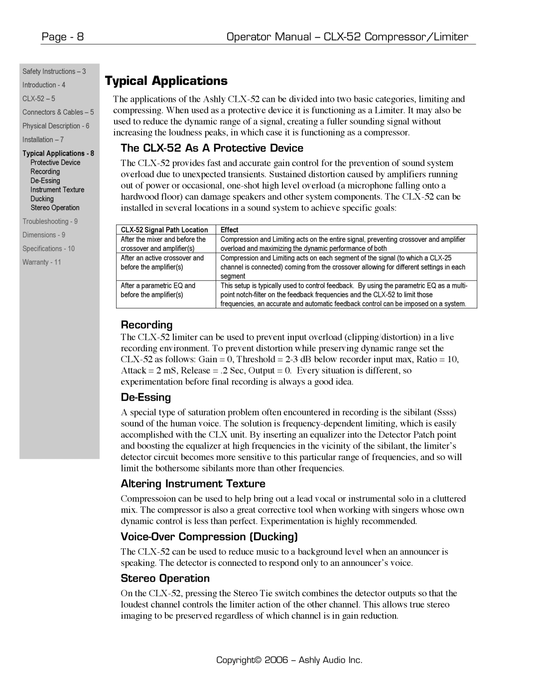 Ashly CLX-52 manual Typical Applications 