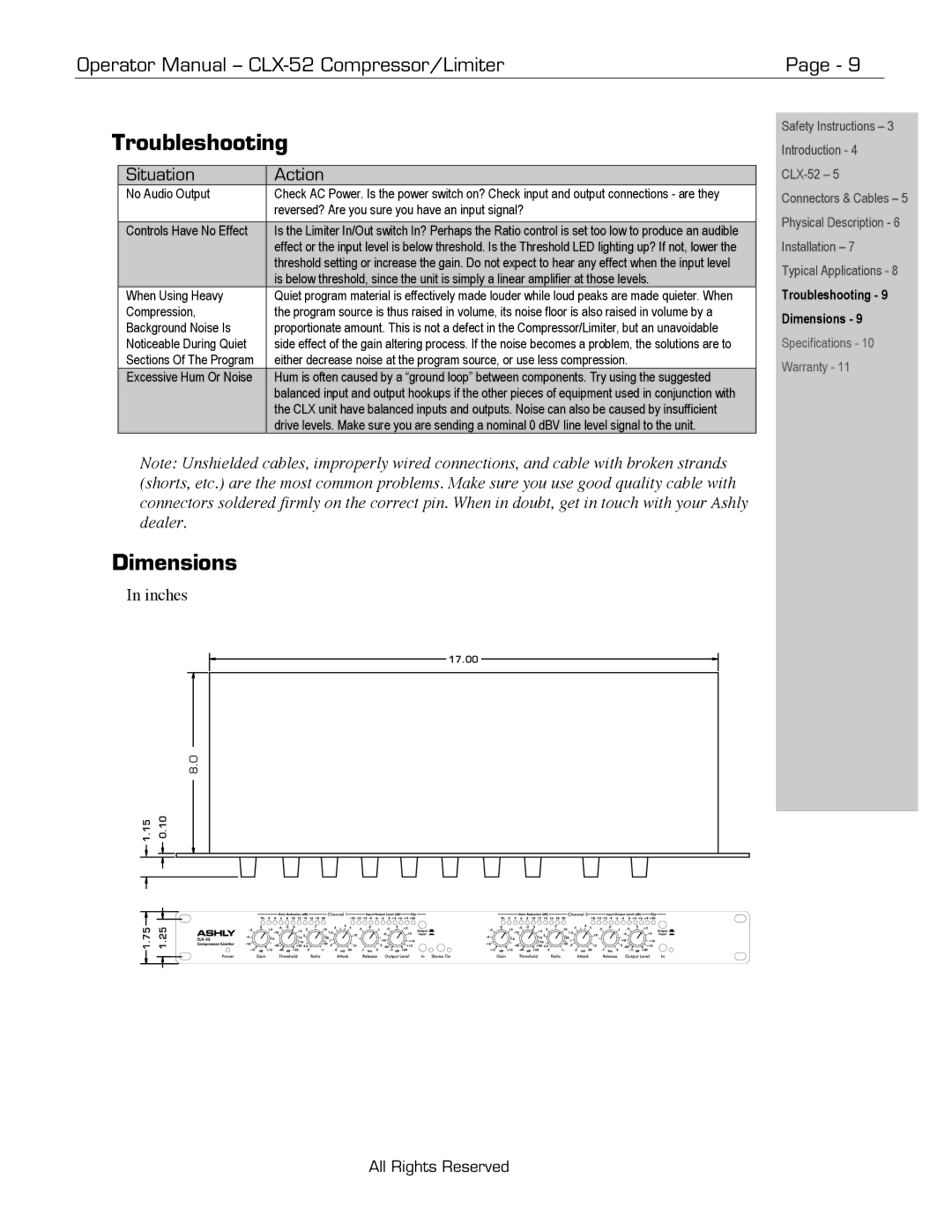 Ashly CLX-52 manual Troubleshooting 9 Dimensions 