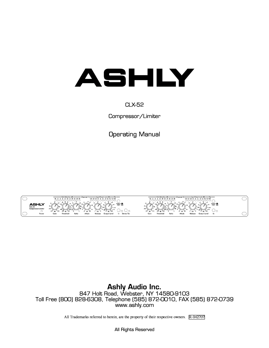 Ashly specifications CLX-51/CLX-52Peak Compressor/Limiters, Architects Specifications, Technical Notes & Specifications 