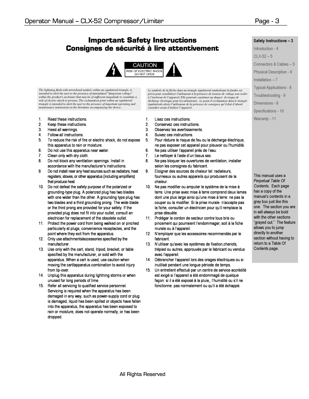 Ashly CLX-52 manual Important Safety Instructions, Consignes de sécurité à lire attentivement, Page, All Rights Reserved 