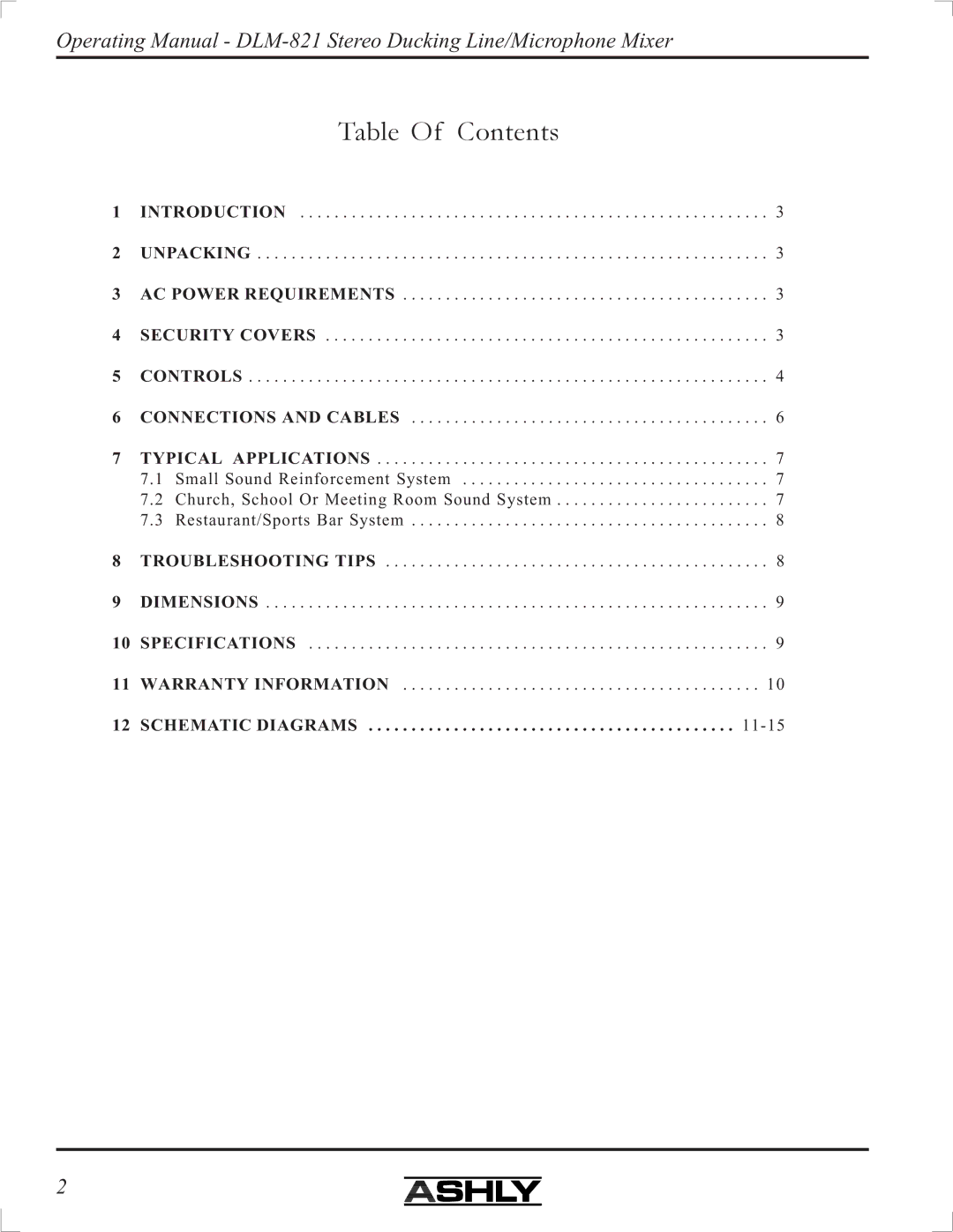 Ashly DLM-821 manual Table Of Contents 