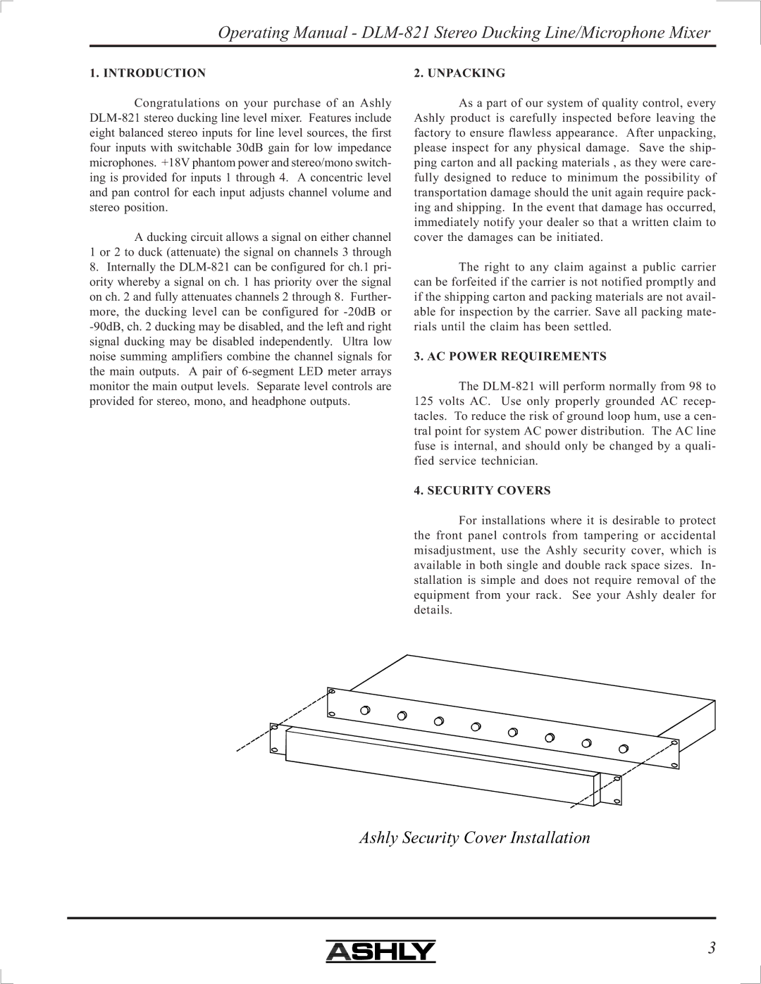 Ashly DLM-821 manual Introduction, AC Power Requirements, Security Covers 