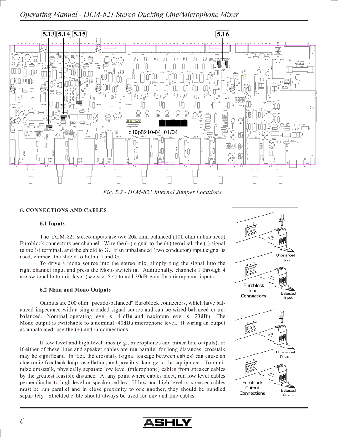 Ashly manual DLM-821 Internal Jumper Locations, Connections and Cables 