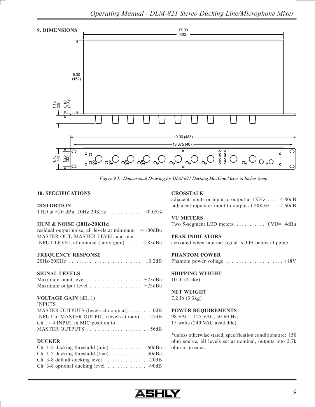 Ashly DLM-821 manual Dimensions, Specifications Distortion, Frequency Response, Signal Levels, Inputs, Ducker, Crosstalk 