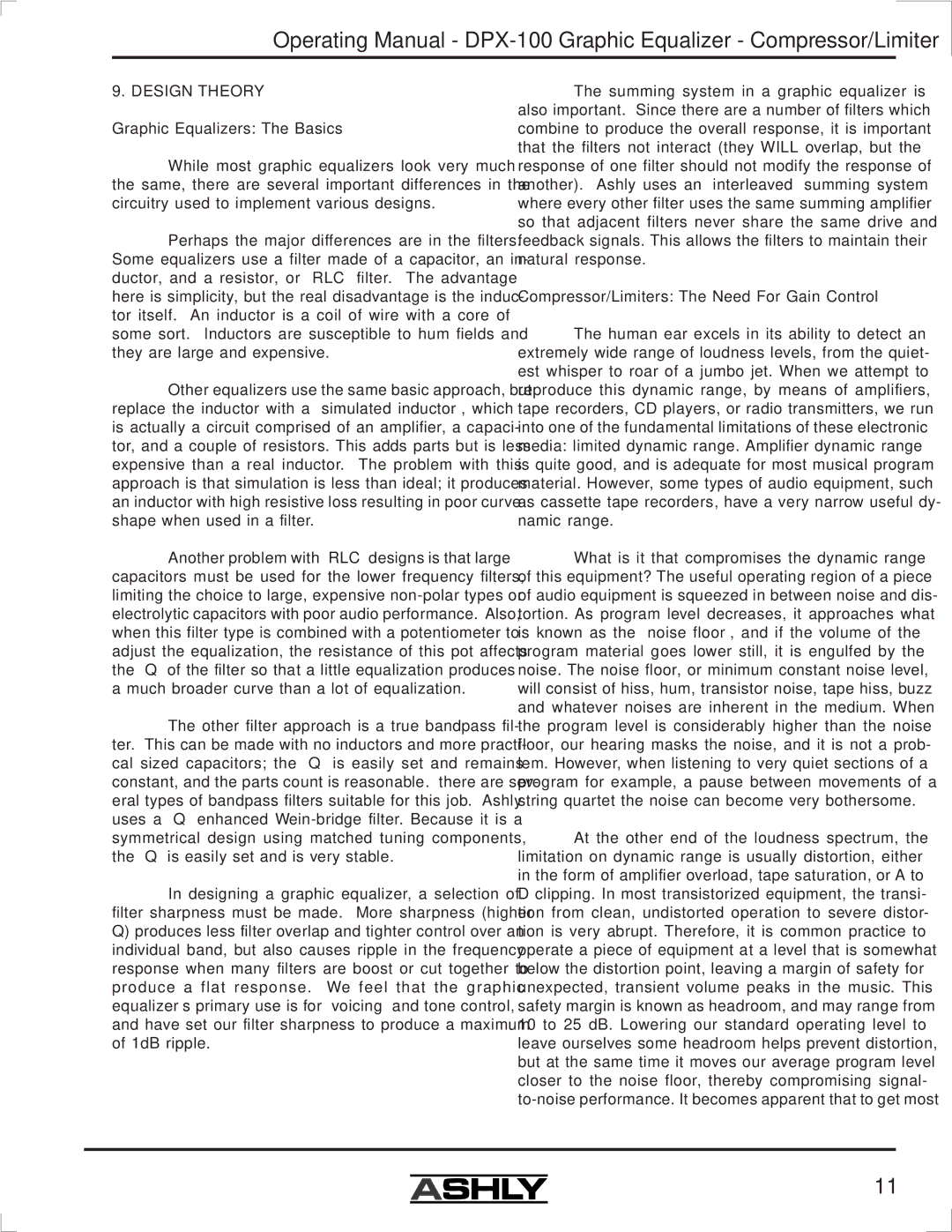 Ashly DPX-100 manual Design Theory, Graphic Equalizers The Basics, Compressor/Limiters The Need For Gain Control 