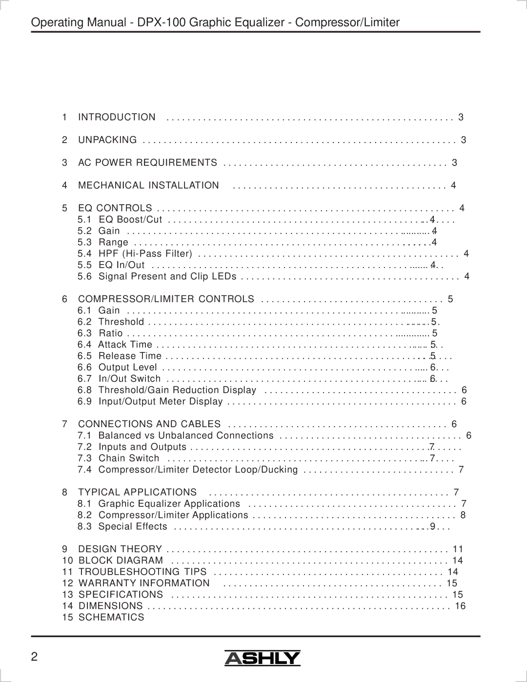 Ashly DPX-100 manual Table Of Contents 