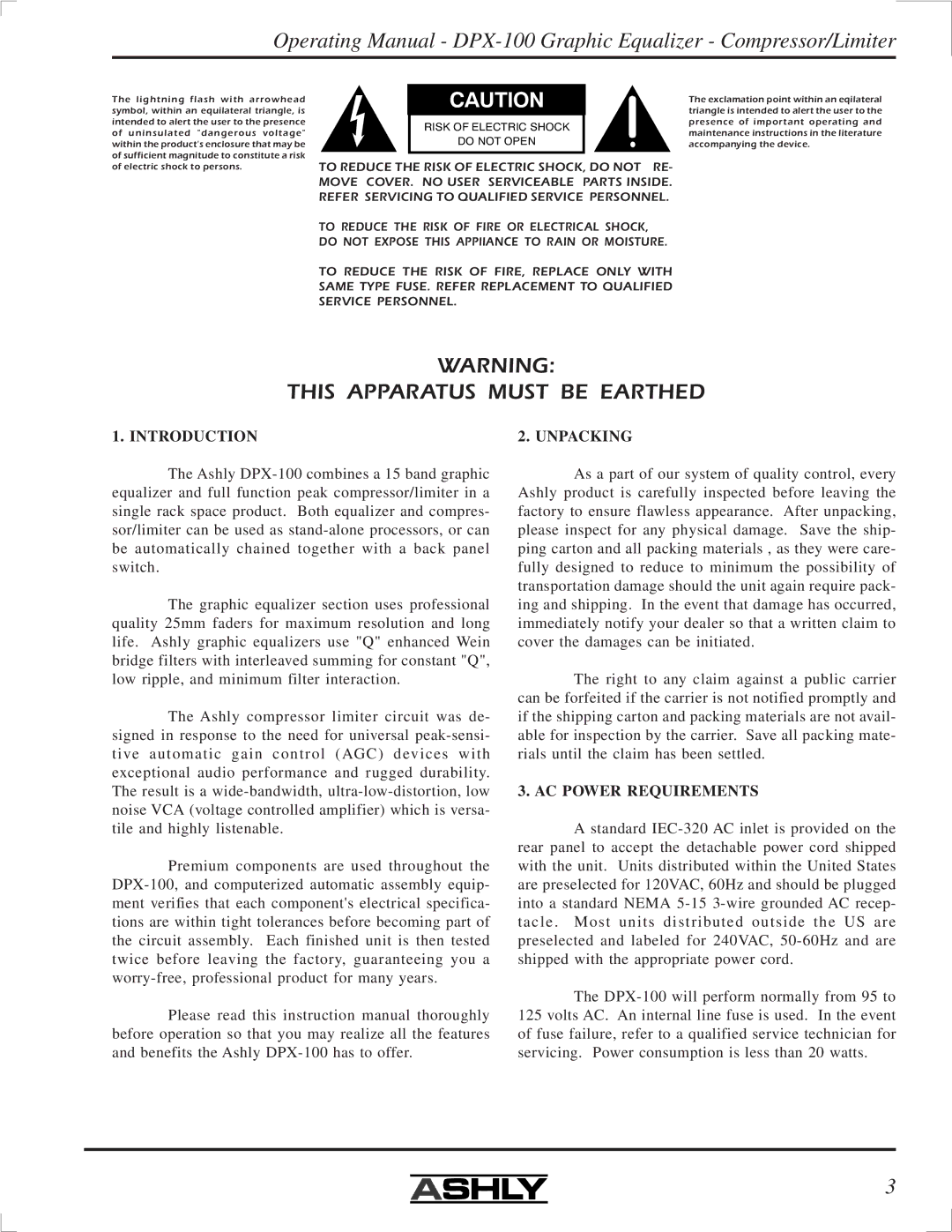 Ashly DPX-100 manual Introduction, Unpacking, AC Power Requirements 