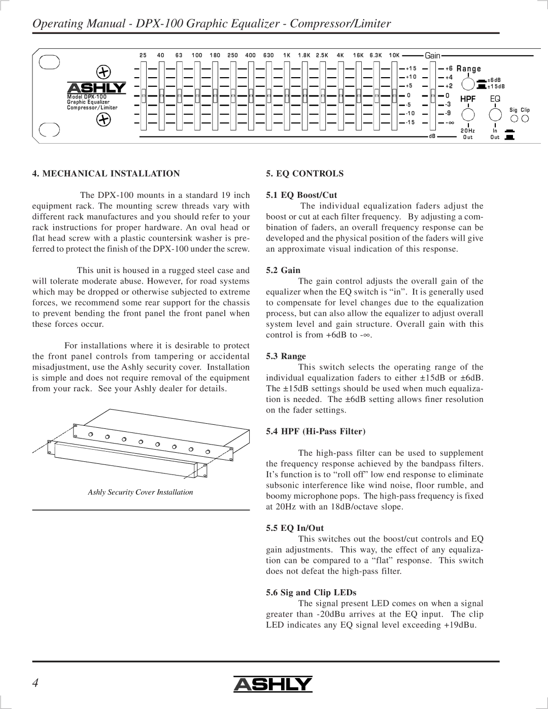 Ashly DPX-100 manual Mechanical Installation, EQ Controls 