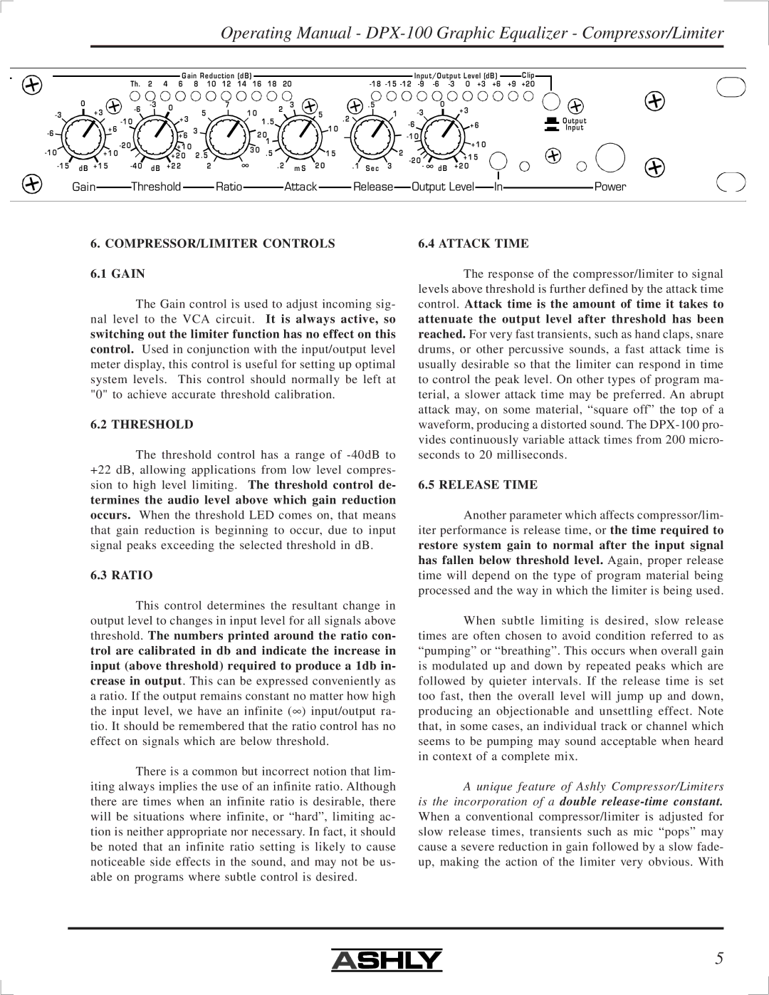 Ashly DPX-100 manual COMPRESSOR/LIMITER Controls, Threshold, Ratio, Attack Time, Release Time 