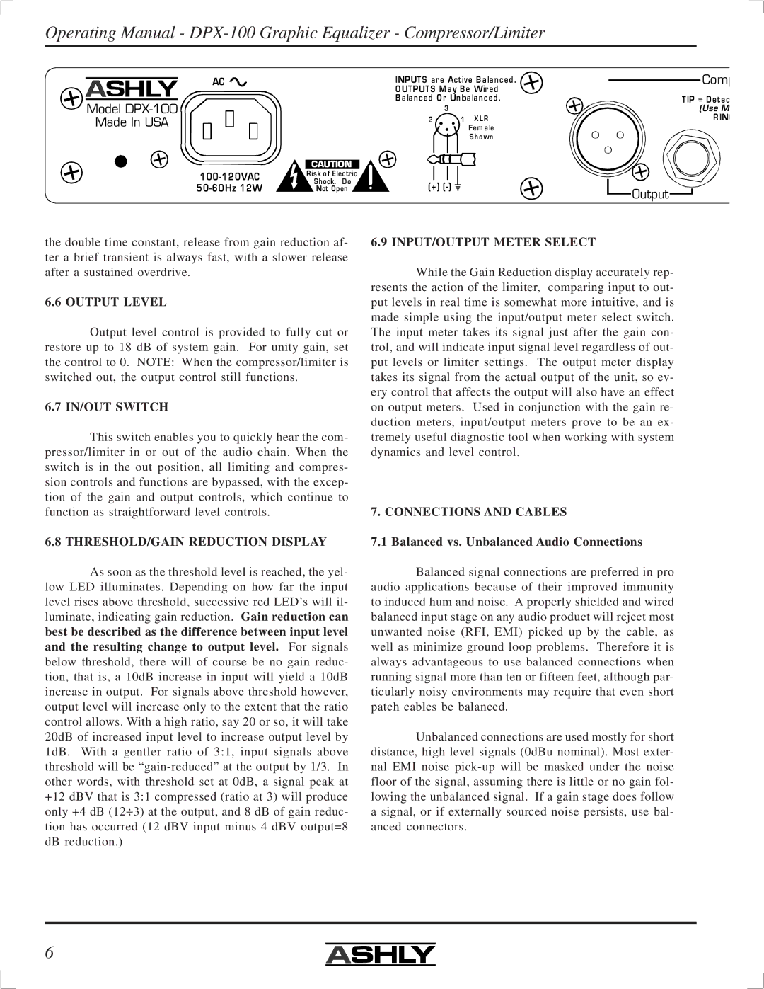 Ashly DPX-100 manual Output Level, IN/OUT Switch, THRESHOLD/GAIN Reduction Display, INPUT/OUTPUT Meter Select 