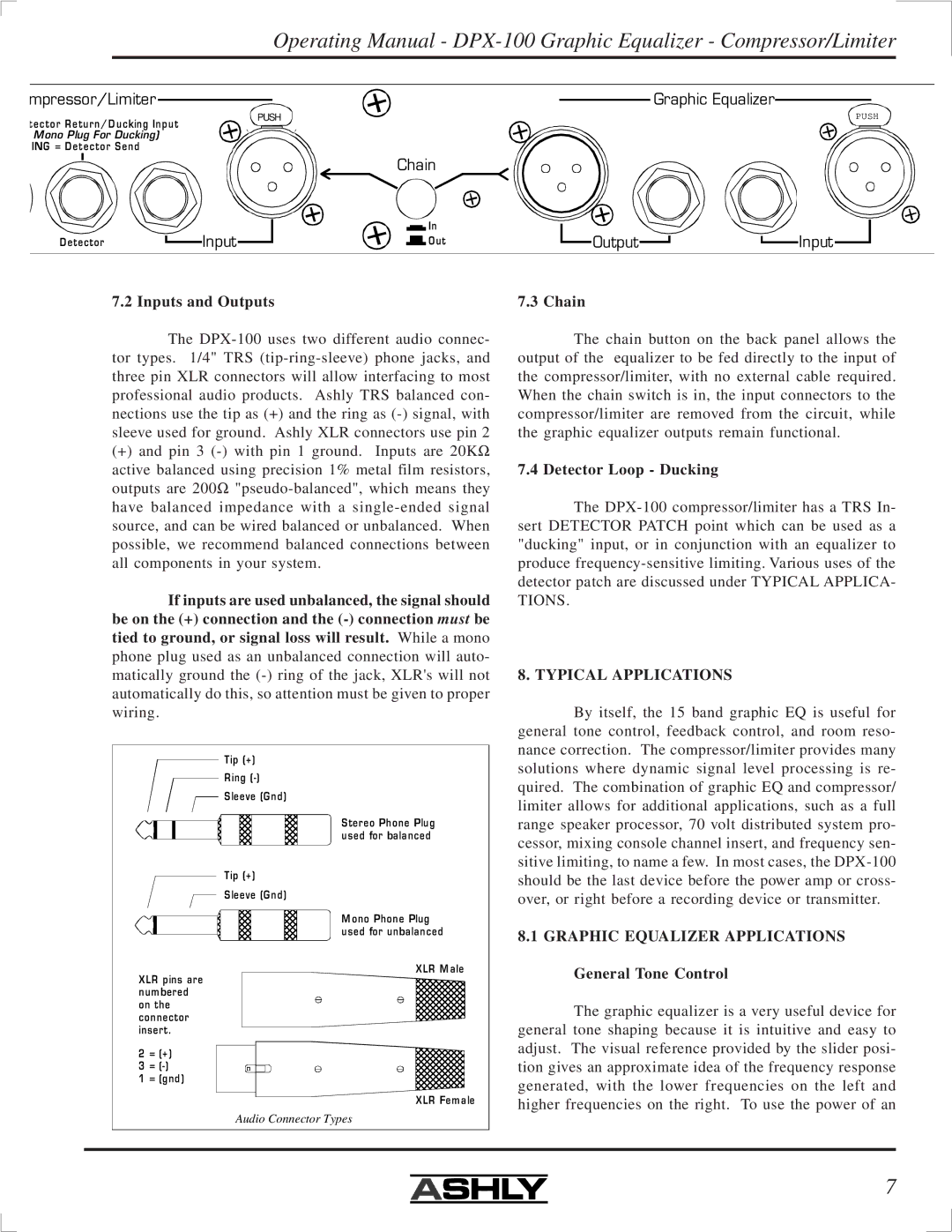 Ashly DPX-100 manual Typical Applications, Graphic Equalizer Applications 