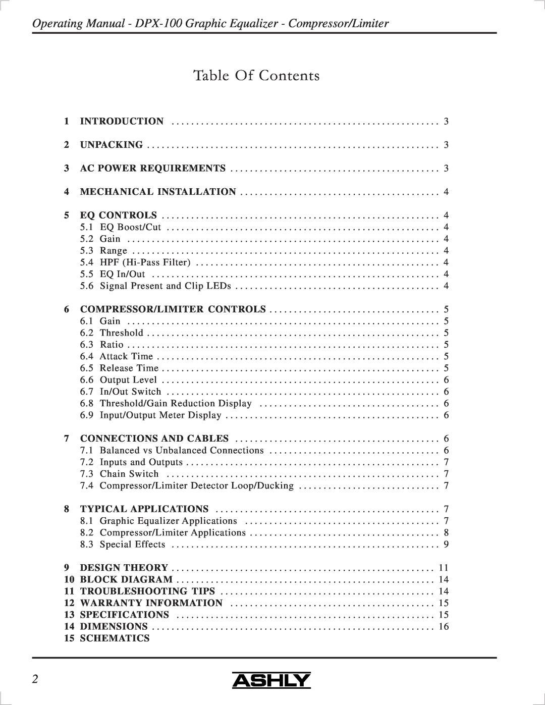 Ashly DPX-100 manual Table Of Contents, Schematics 