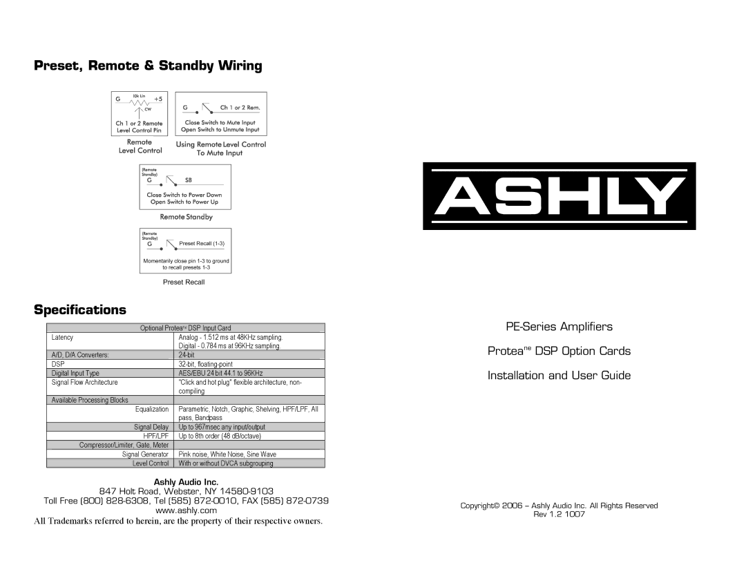 Ashly DSP1, DSP2 specifications Preset, Remote & Standby Wiring Specifications, Dsp, Hpf/Lpf 