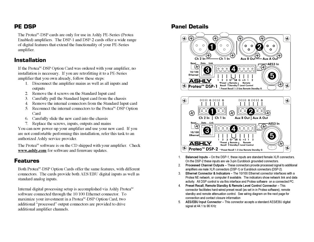 Ashly DSP2, DSP1 specifications Pe Dsp, Installation, Features, Panel Details 