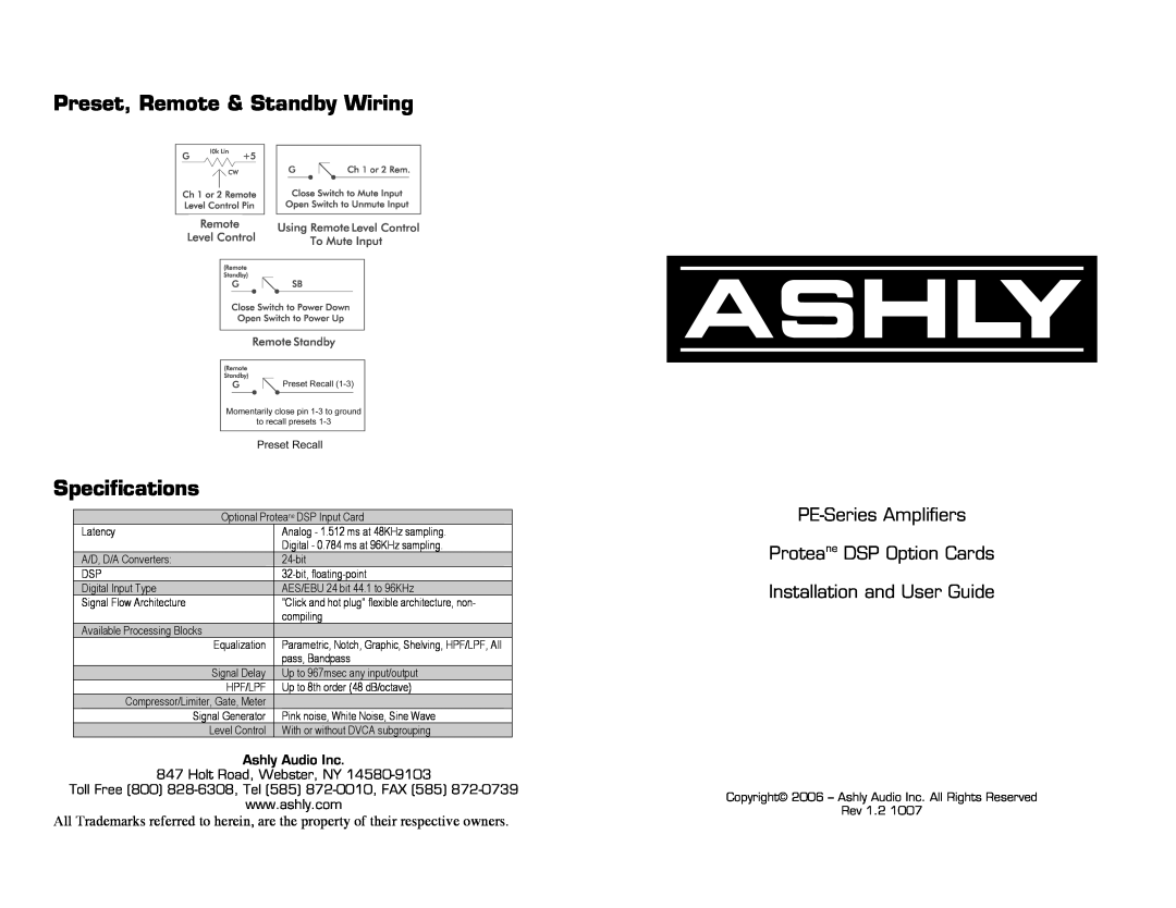 Ashly DSP1 specifications Preset, Remote & Standby Wiring Specifications, PE-SeriesAmplifiers Proteane DSP Option Cards 