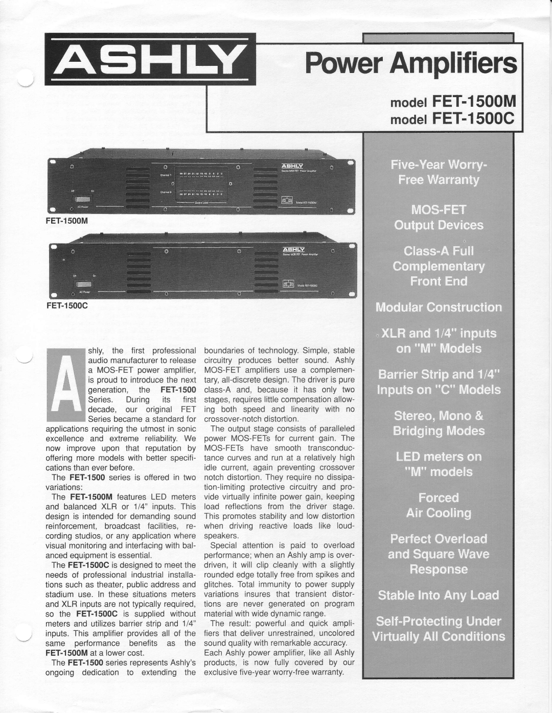 Ashly specifications PowerAmplifiers, ModelFET-I500M modelFET-I500C 