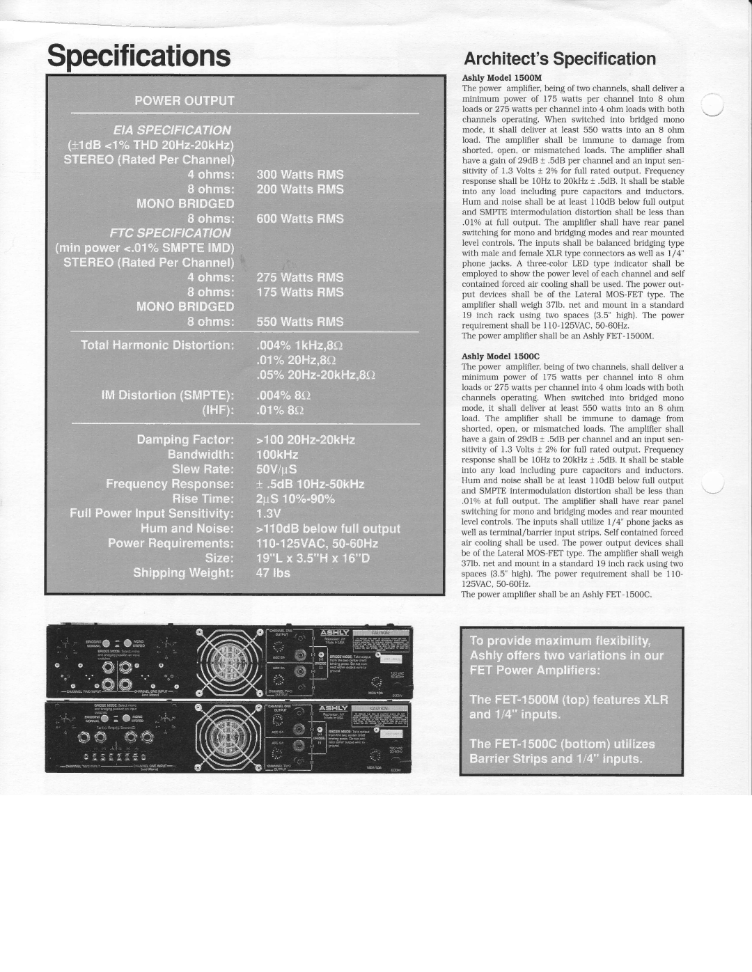 Ashly FET-I500M, FET-I500C specifications Ifications, ArchitectsSpecification 