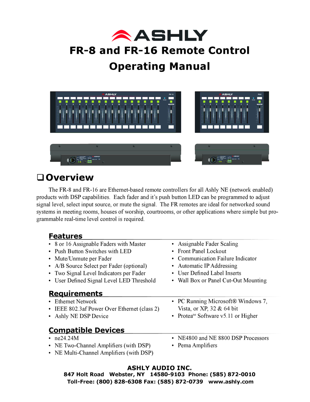 Ashly FR-8, FR-16 manual ‰‰Overview, Features, Requirements, Compatible Devices 