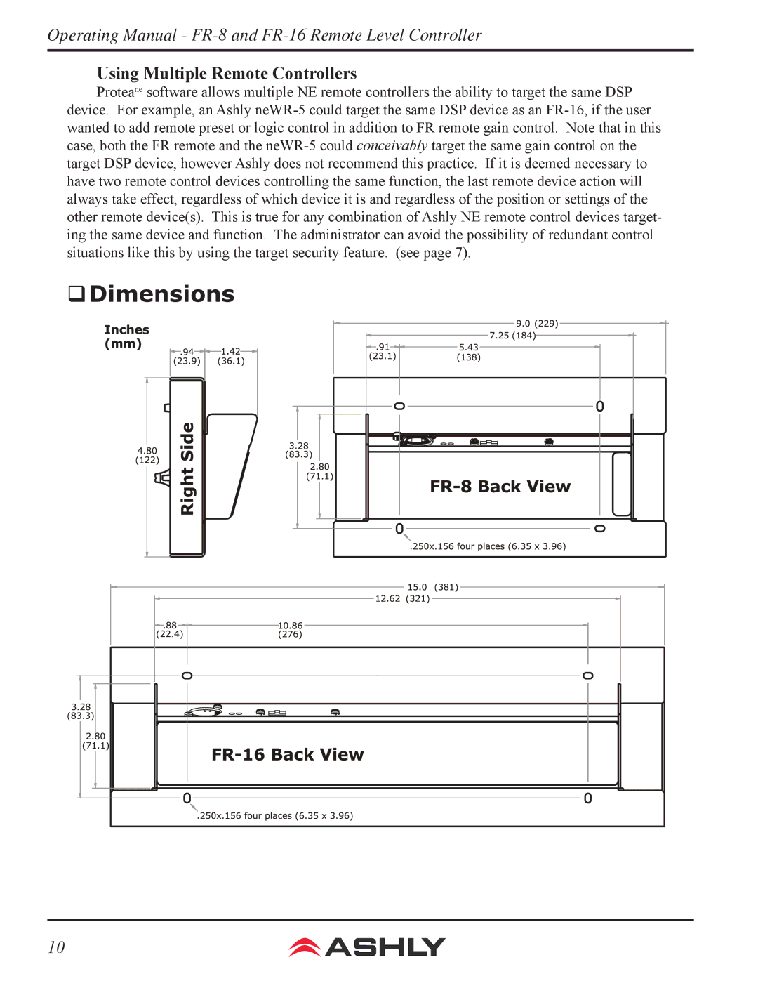 Ashly FR-16, FR-8 manual ‰‰Dimensions, Using Multiple Remote Controllers 