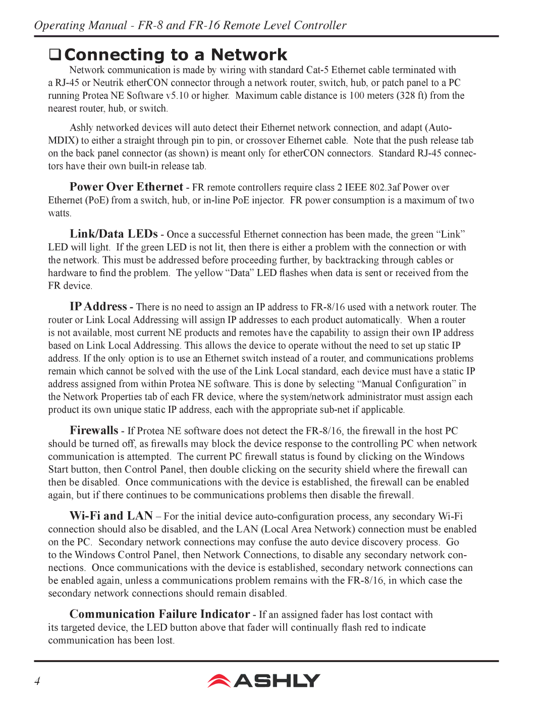 Ashly FR-16, FR-8 manual ‰‰Connecting to a Network 