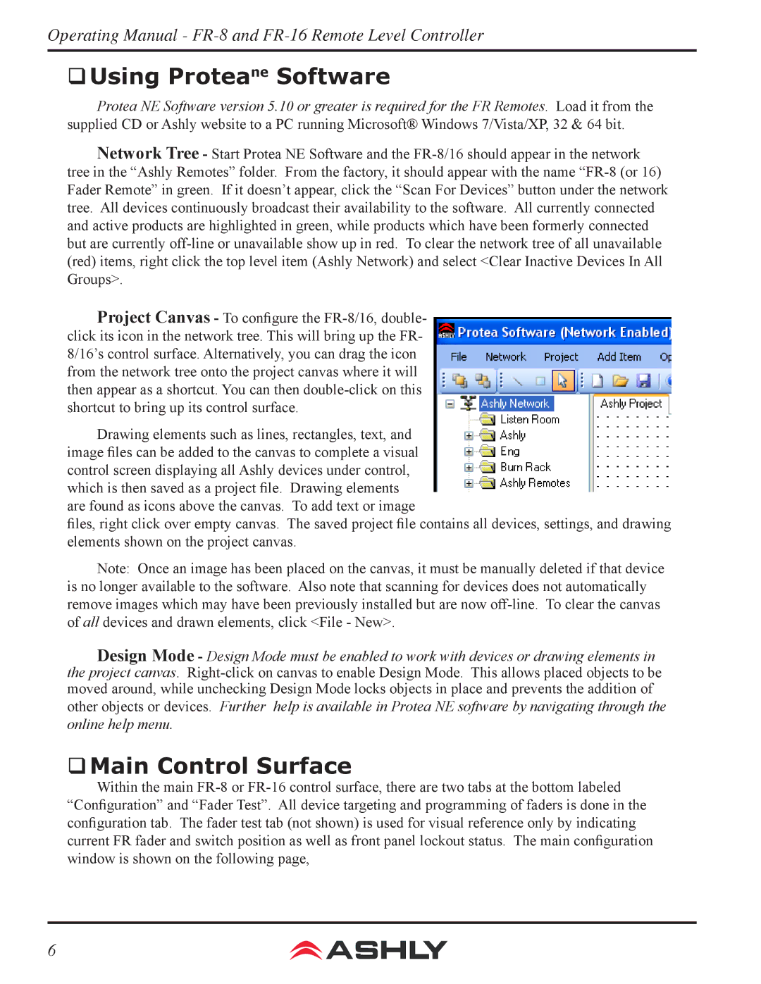 Ashly FR-16, FR-8 manual ‰‰Using Proteane Software, ‰‰Main Control Surface 