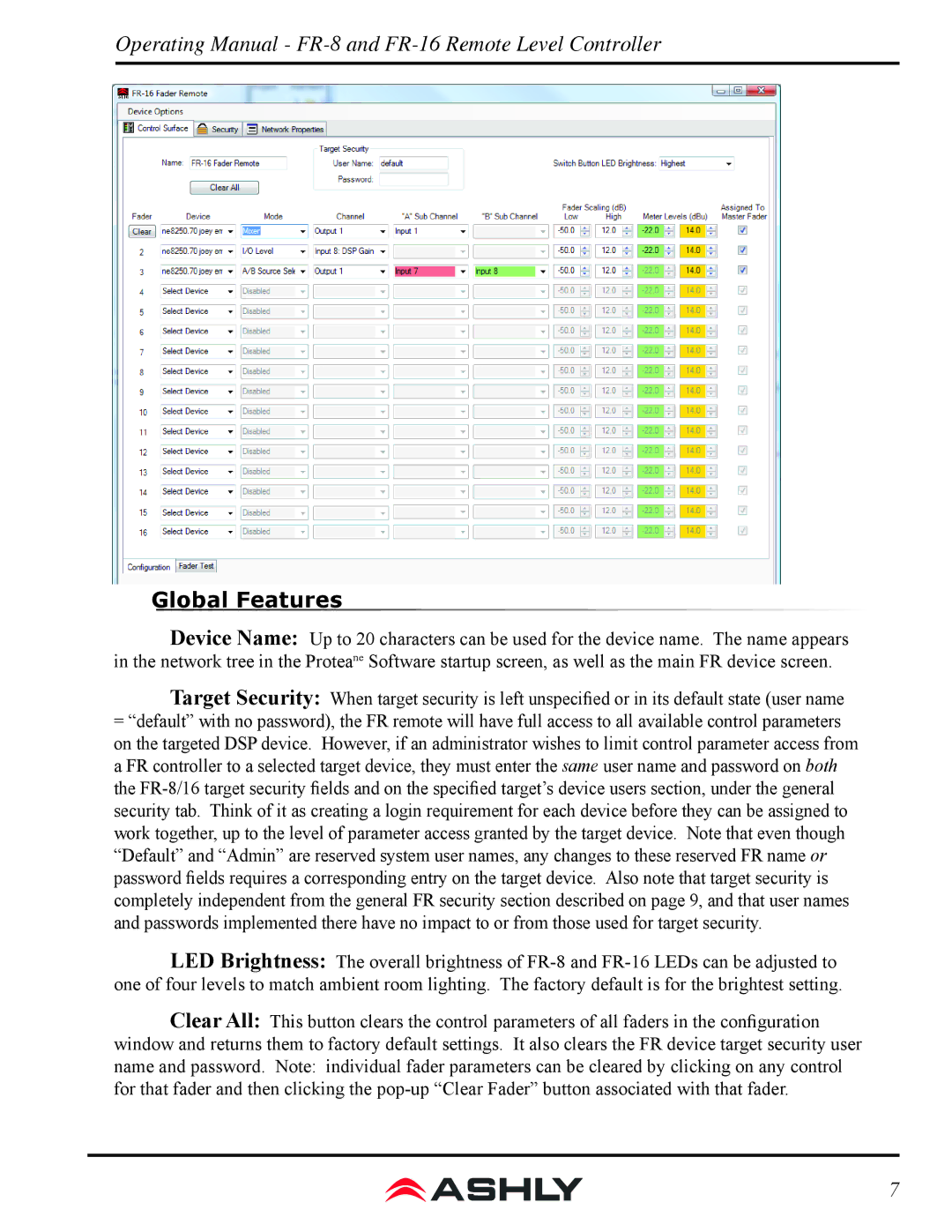 Ashly FR-8, FR-16 manual Global Features 