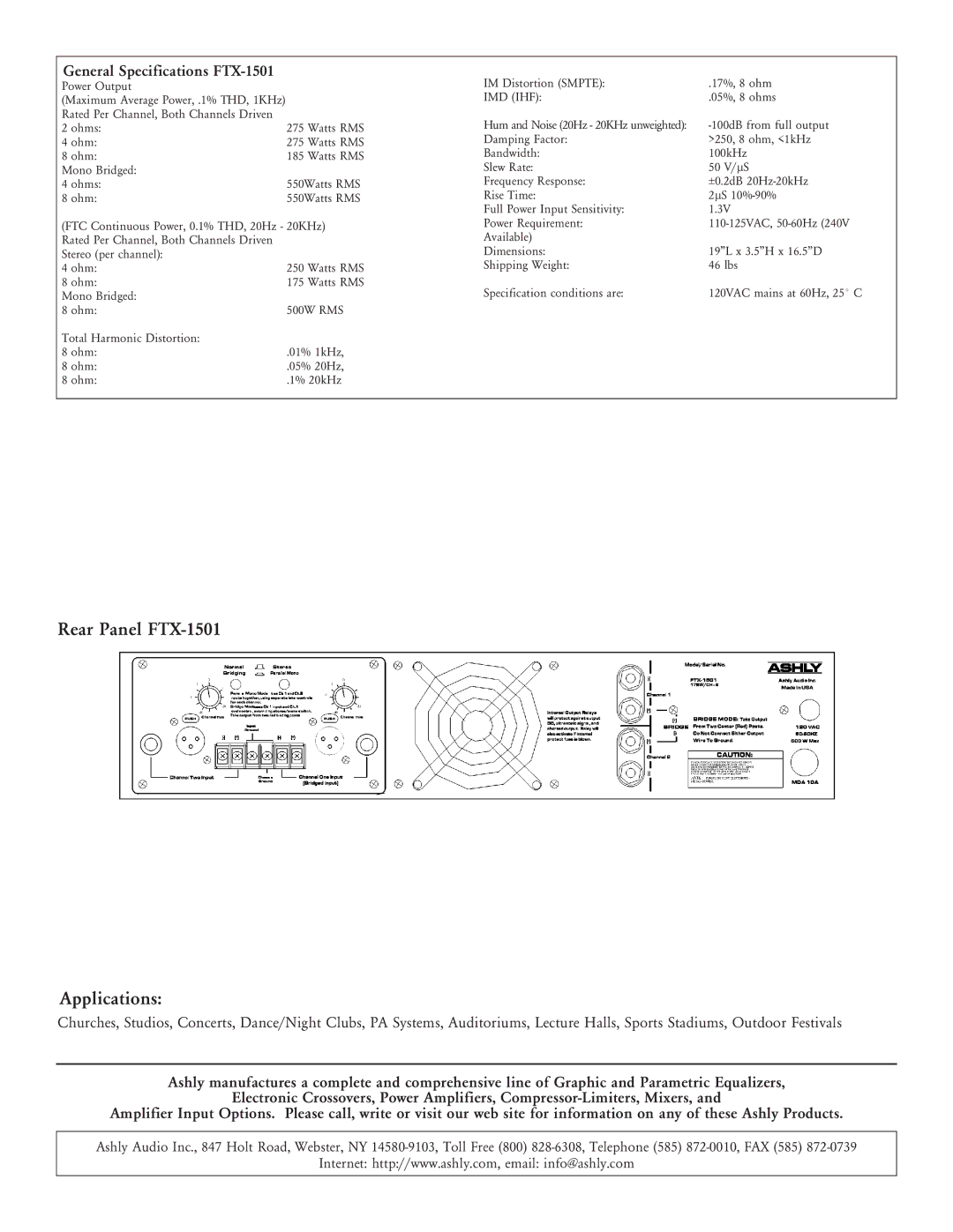 Ashly specifications Rear Panel FTX-1501 Applications, General Specifications FTX-1501, Imd Ihf 