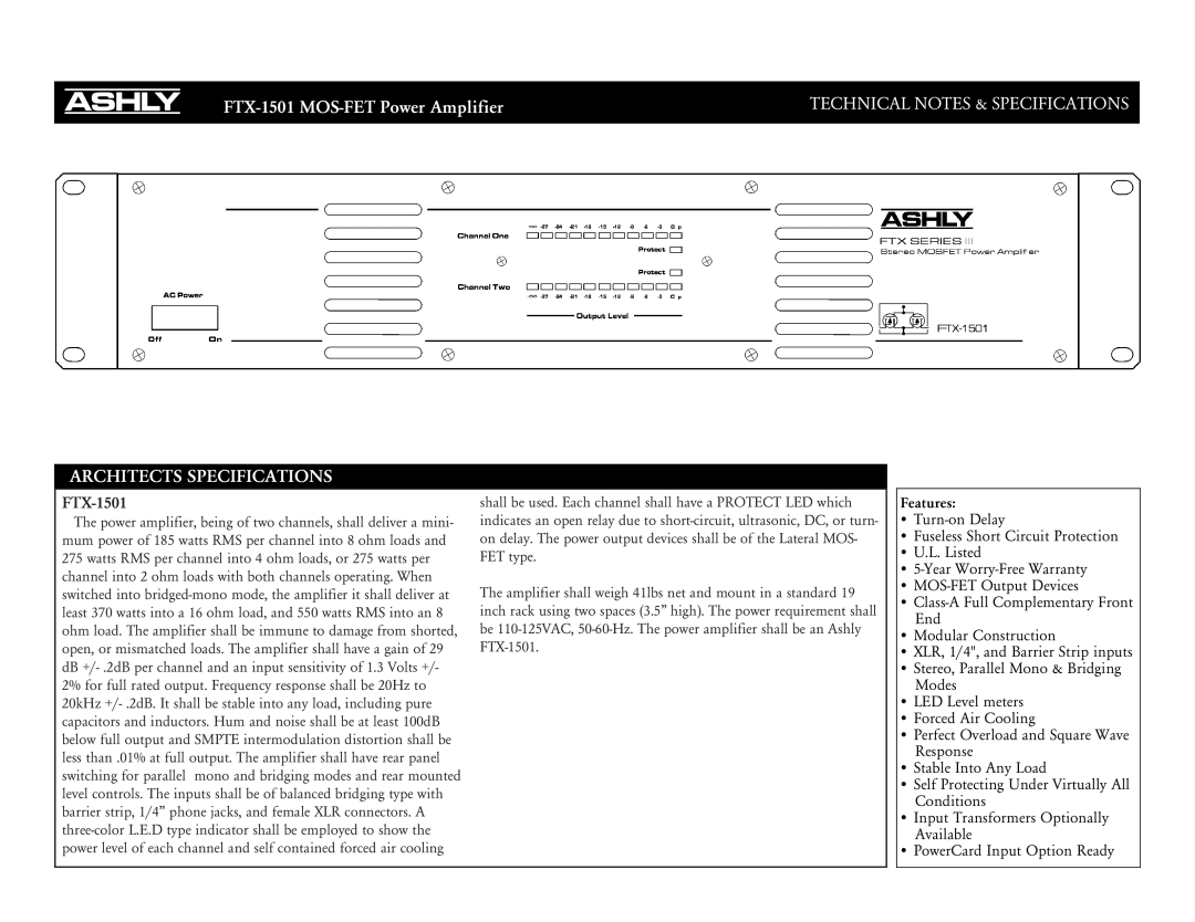 Ashly specifications FTX-1501 MOS-FETPower Amplifier, Architects Specifications, Technical Notes & Specifications 