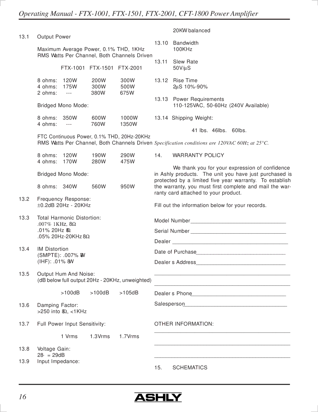 Ashly FTX-2001, FTX-1501, FTX-1001, CFT-1800 manual Warranty Policy, Other Information Schematics 