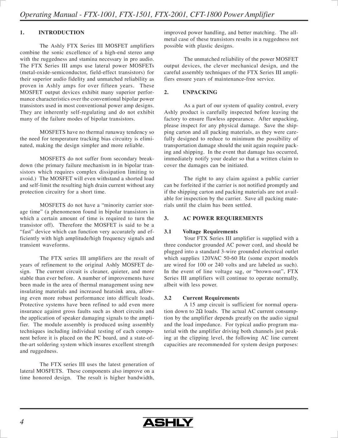 Ashly FTX-2001, FTX-1501 manual Introduction, Unpacking, AC Power Requirements, Voltage Requirements, Current Requirements 