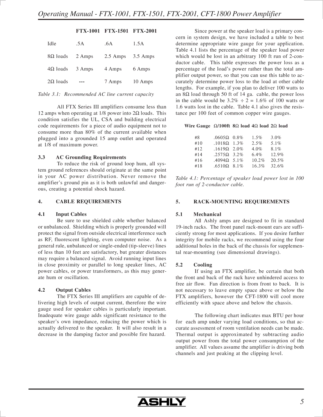 Ashly FTX-1501, FTX-2001, FTX-1001, CFT-1800 manual Cable Requirements, RACK-MOUNTING Requirements 