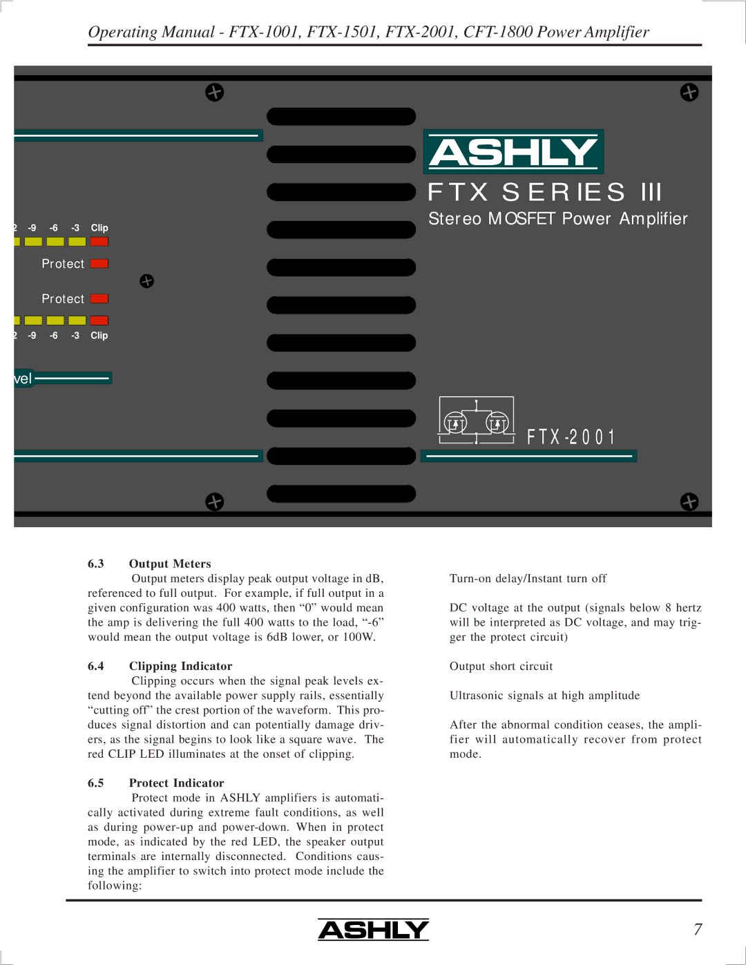 Ashly CFT-1800, FTX-2001, FTX-1501, FTX-1001 manual Output Meters, Clipping Indicator, Protect Indicator 