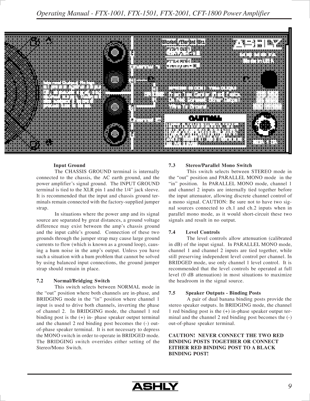 Ashly FTX-1501, FTX-2001, FTX-1001 manual Input Ground, Normal/Bridging Switch, Stereo/Parallel Mono Switch, Level Controls 