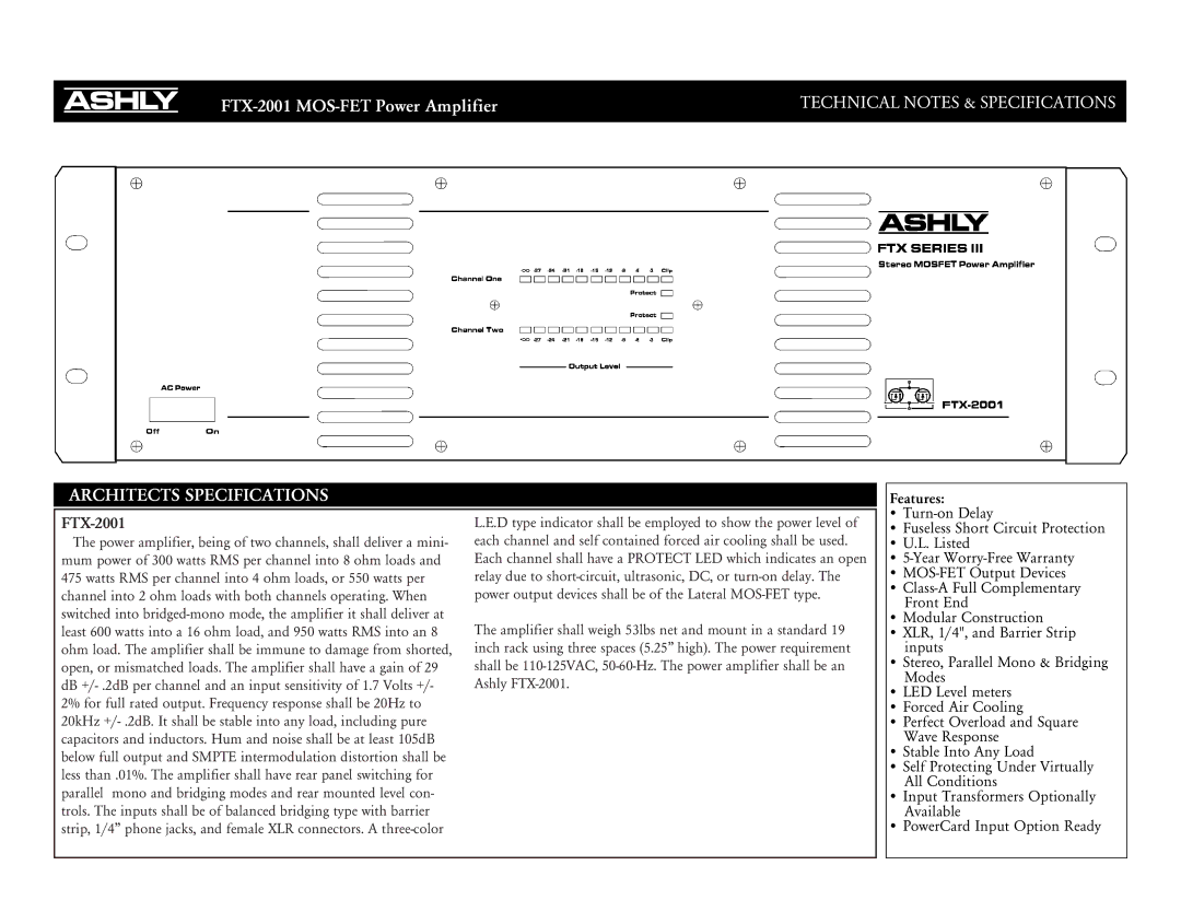 Ashly FTX-2001 specifications Architects Specifications, Features, • Class-A Full Complementary Front End 