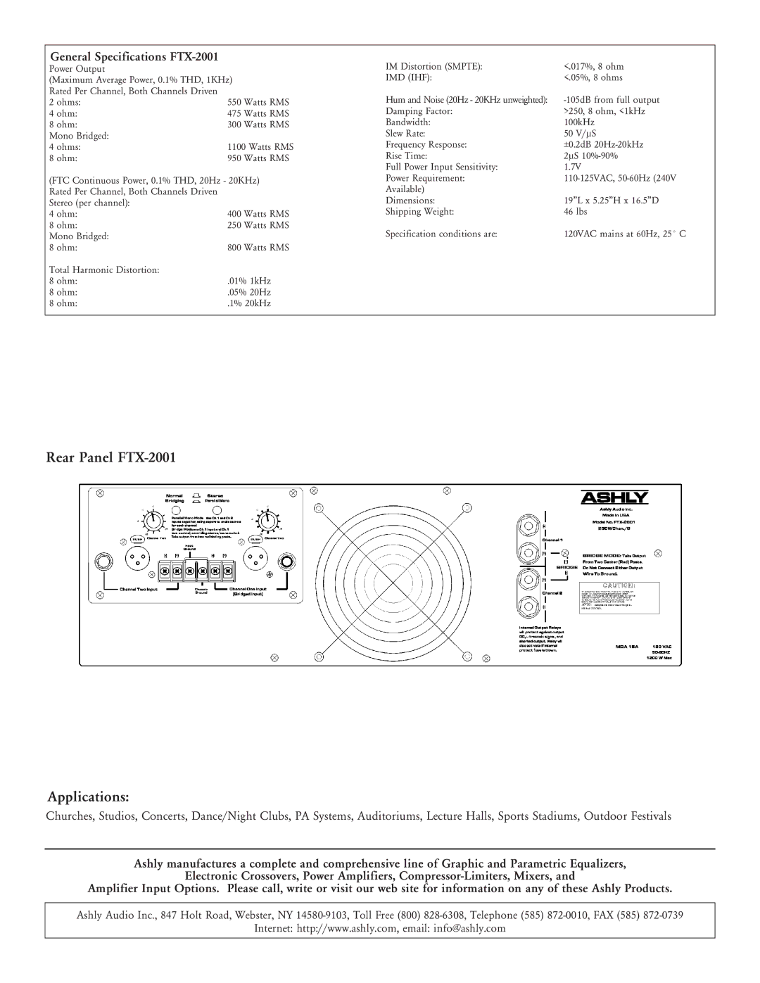 Ashly specifications Rear Panel FTX-2001 Applications, General Specifications FTX-2001, Imd Ihf 